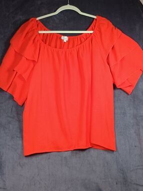 Women’s Red Ruffle Sleeve Blouse — Lightweight Scoop Neck Top. Off Shoulder Wear
